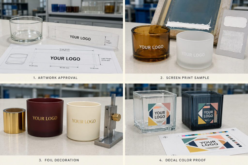 Candle jar artwork, screen printing and foil decoration