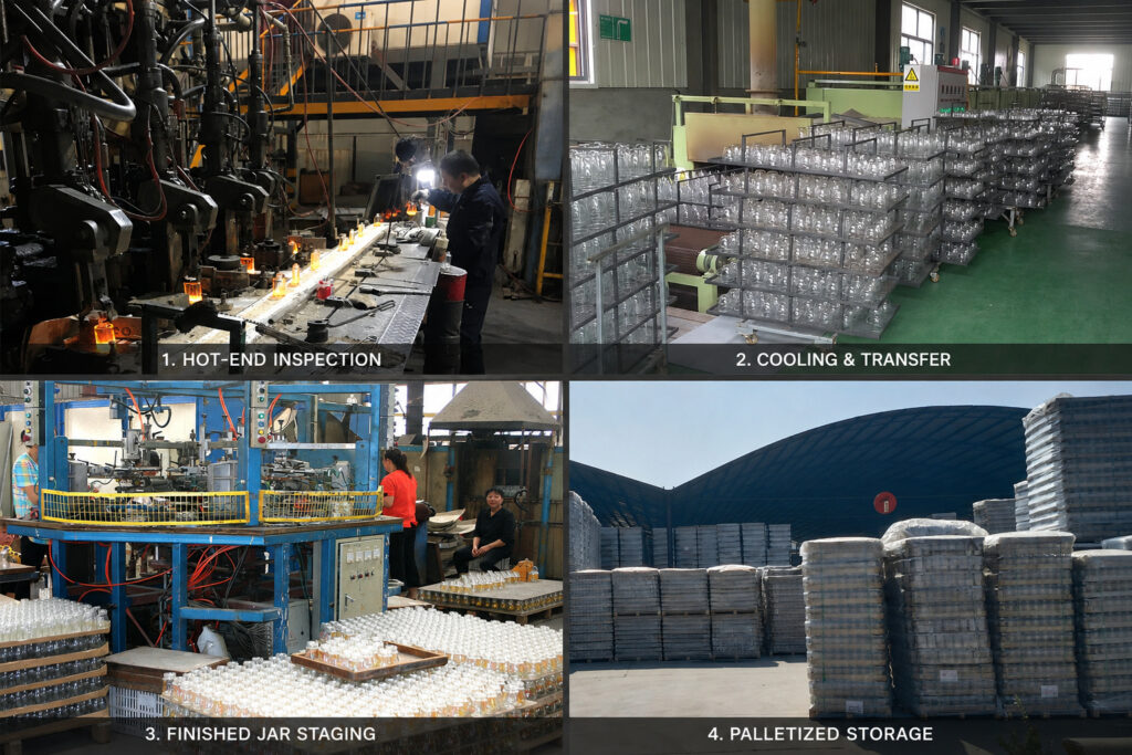 Candle jar inspection, transfer and palletized storage