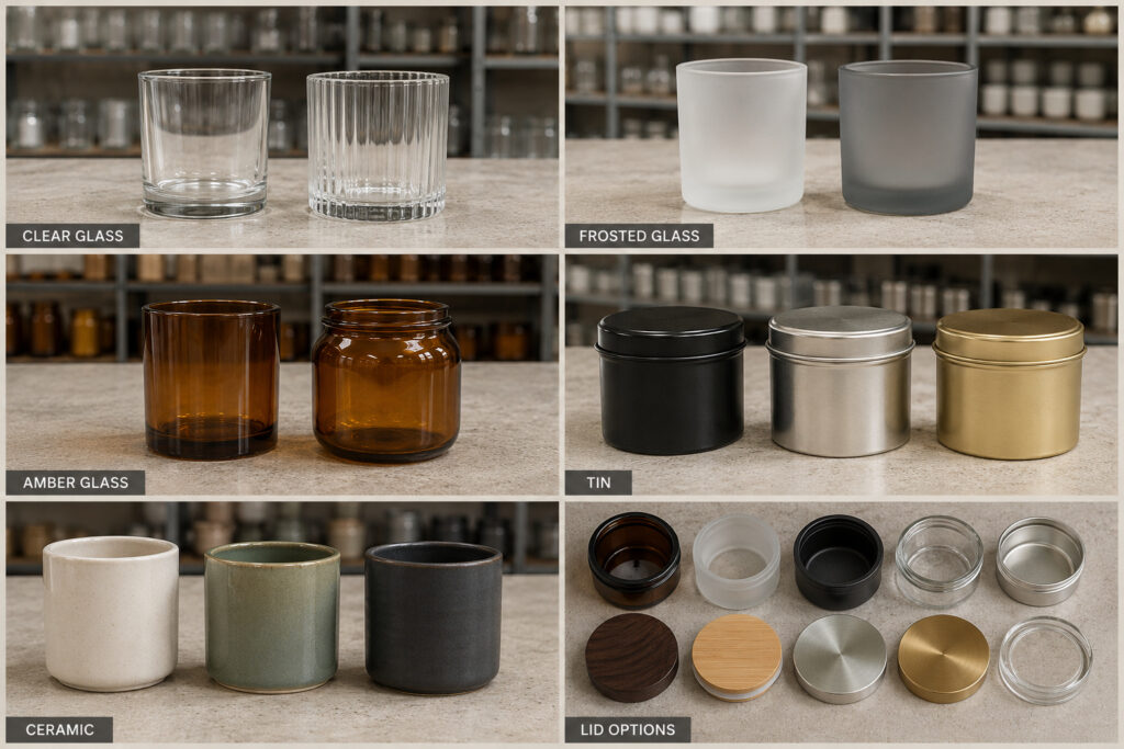 Candle jar materials including glass, tin, ceramic and lid options
