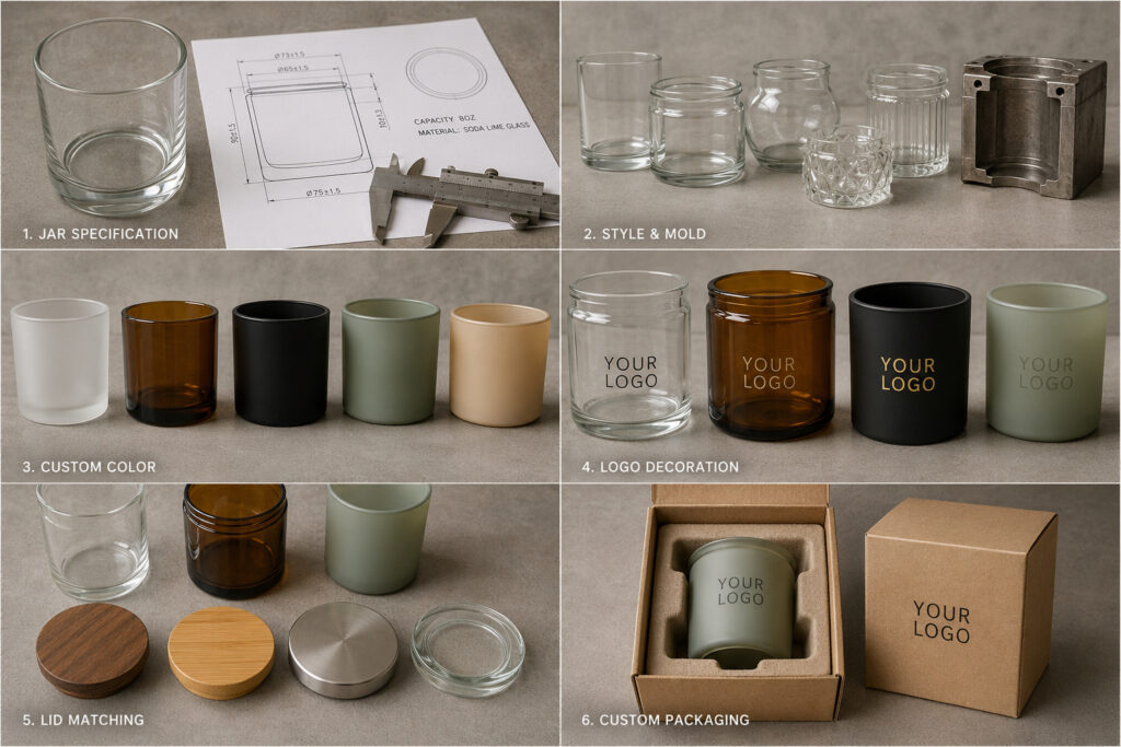 Custom candle jar OEM options for size, color, logo, lids and packaging