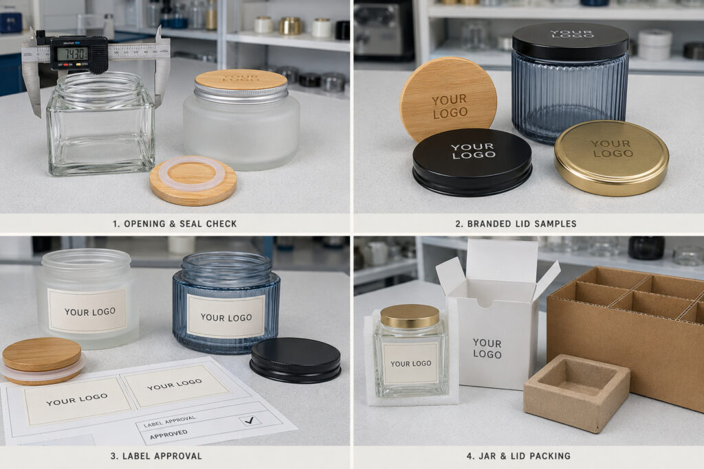 Custom candle jar lids, labels and packaging samples