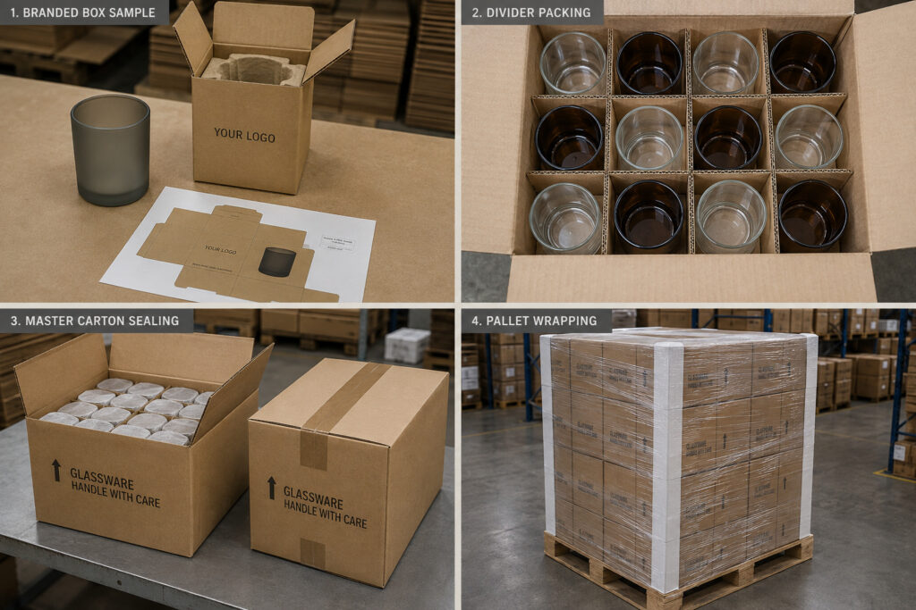 Custom candle jar packaging and export palletizing process