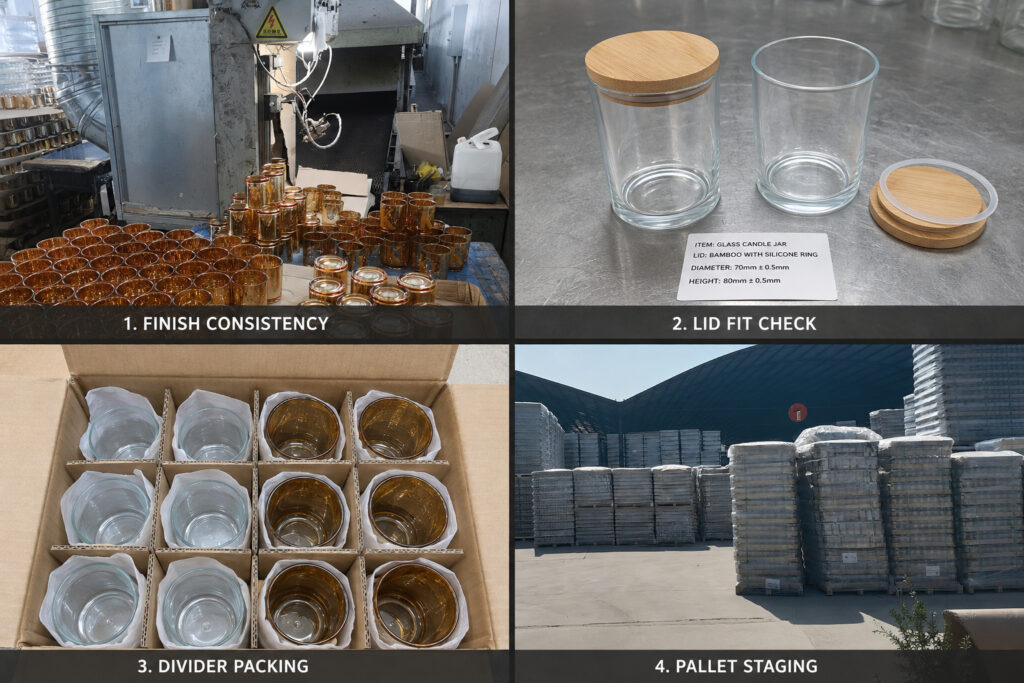 Finished candle jar inspection and export packing checks