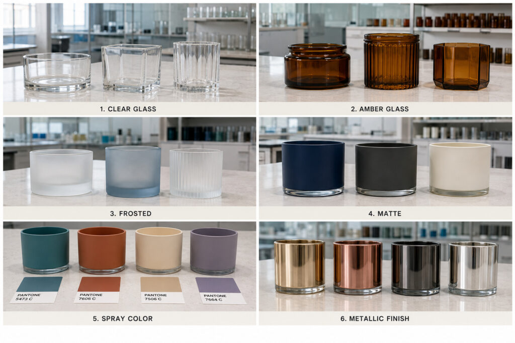 Glass candle jar color and decorative finish samples