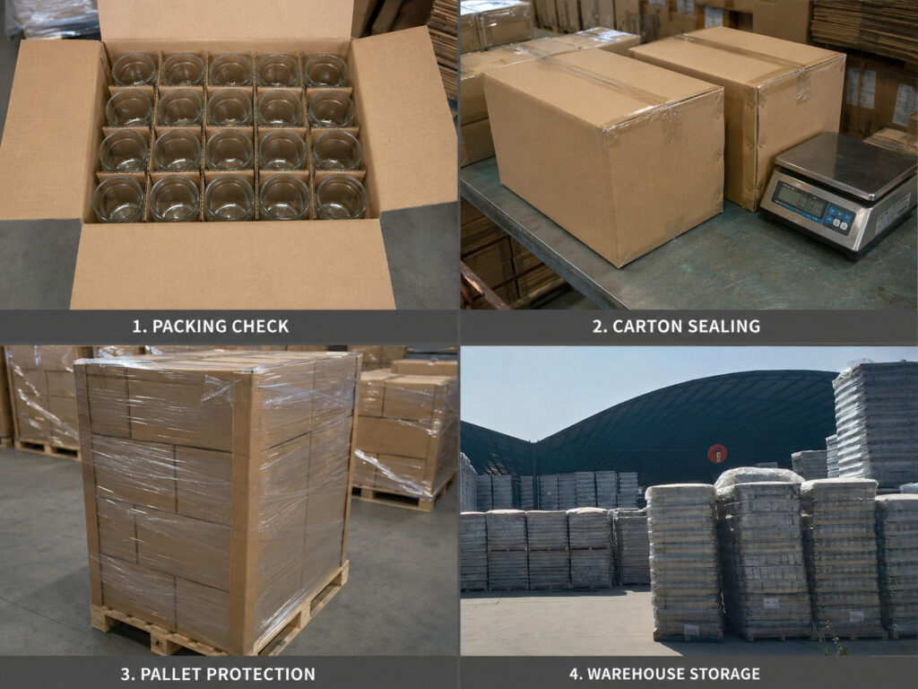 Glass candle jar export packing, pallet protection and warehouse storage