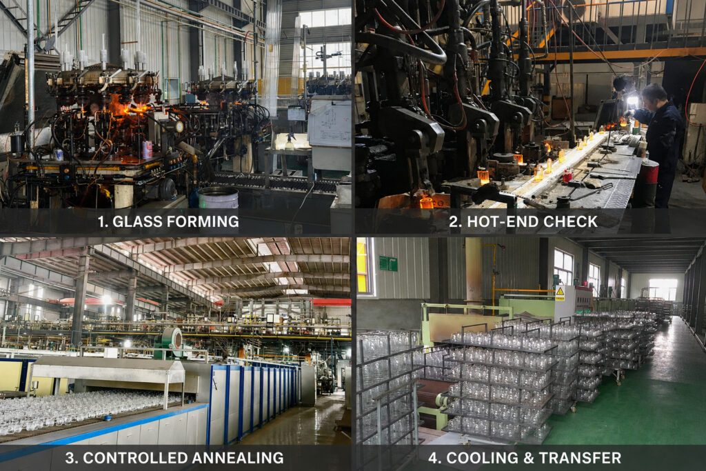 Glass candle jar forming, annealing and cooling process