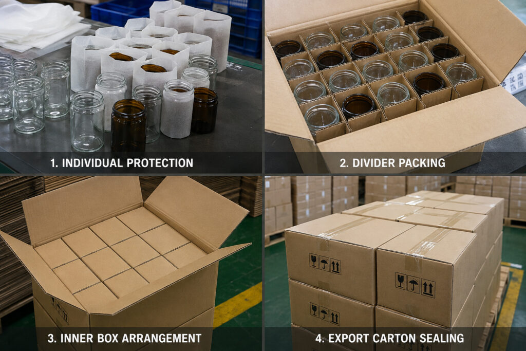 Glass candle jar protective packing and export carton sealing process